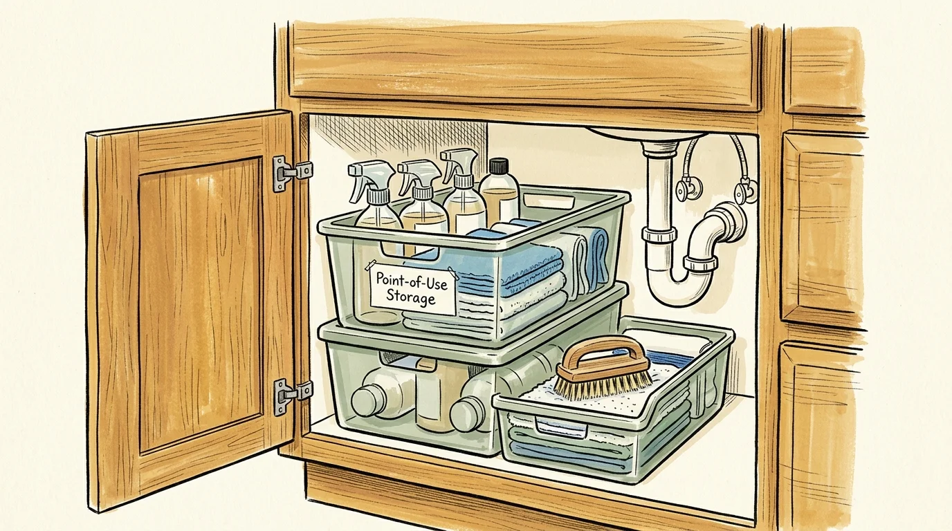 An illustration of an organized under-sink bathroom vanity cabinet with neat bins of cleaning products.