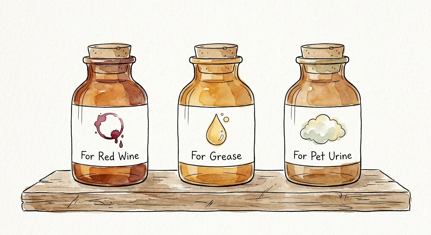 An illustration of three glass jars labeled for red wine, grease, and pet stains on a wooden shelf.