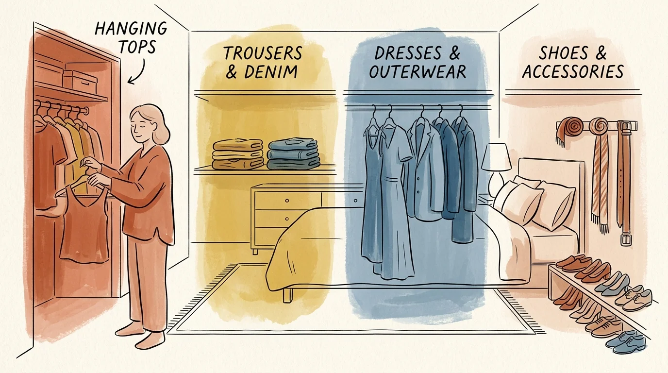 An illustration showing a closet divided into four color-coded categories: hanging tops, trousers, dresses, and shoes.