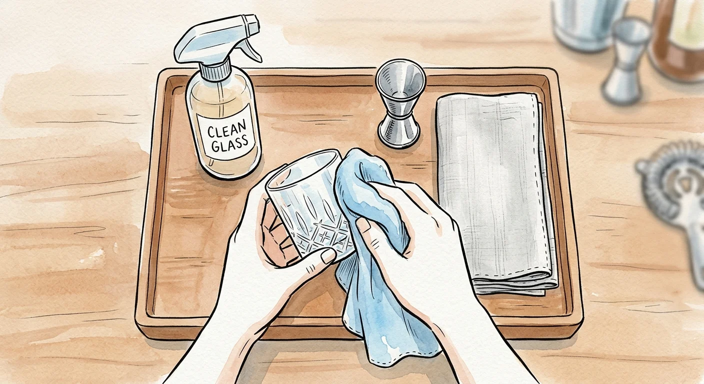 An illustration showing hands polishing a cocktail glass with a microfiber cloth alongside cleaning spray.