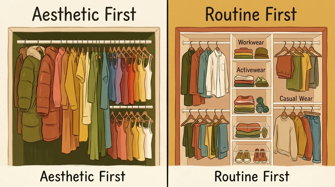 An illustrative comparison of a closet organized impracticaly by color versus one organized practically by daily clothing categories.