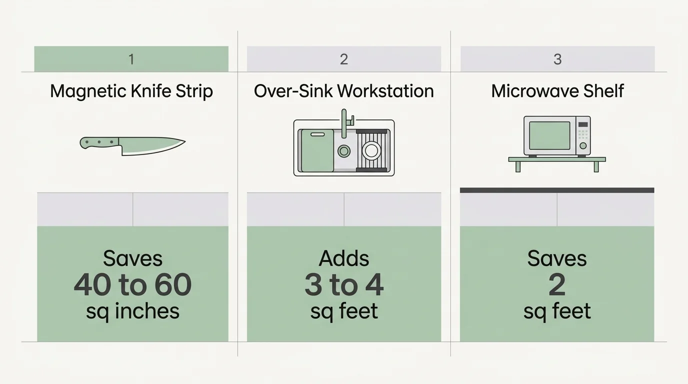 An infographic chart comparing counter space savings, including details for knife strips, over-sink workstations, and microwave shelves.