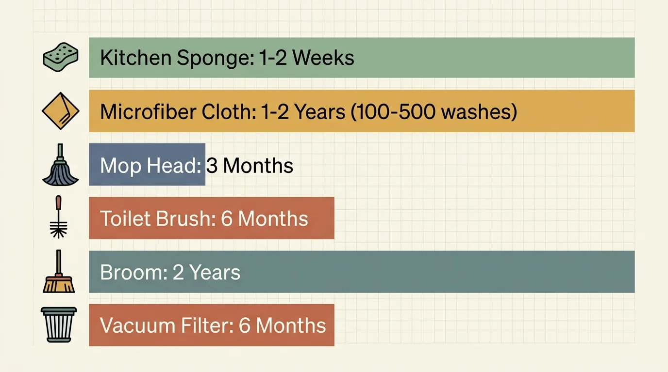 An infographic chart showing the replacement lifespans of cleaning tools, from kitchen sponges to vacuums.