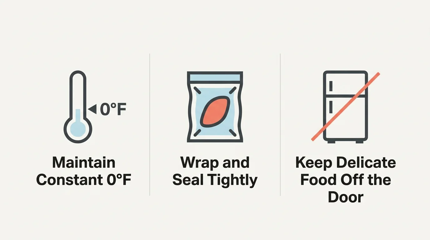 An infographic checklist with three columns: Maintain Constant 0°F, Wrap Tightly, and Keep Delicate Food Off the Door.