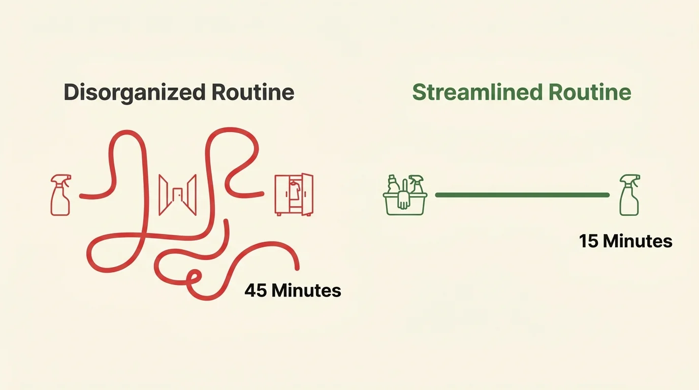 An infographic comparing a winding 45-minute disorganized routine path to a straight 15-minute streamlined routine path.