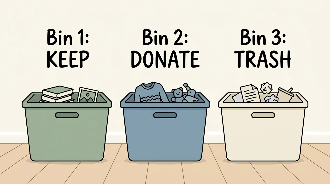 An infographic diagram showing three organized bins labeled Keep, Donate, and Trash, with icons representing items in each.
