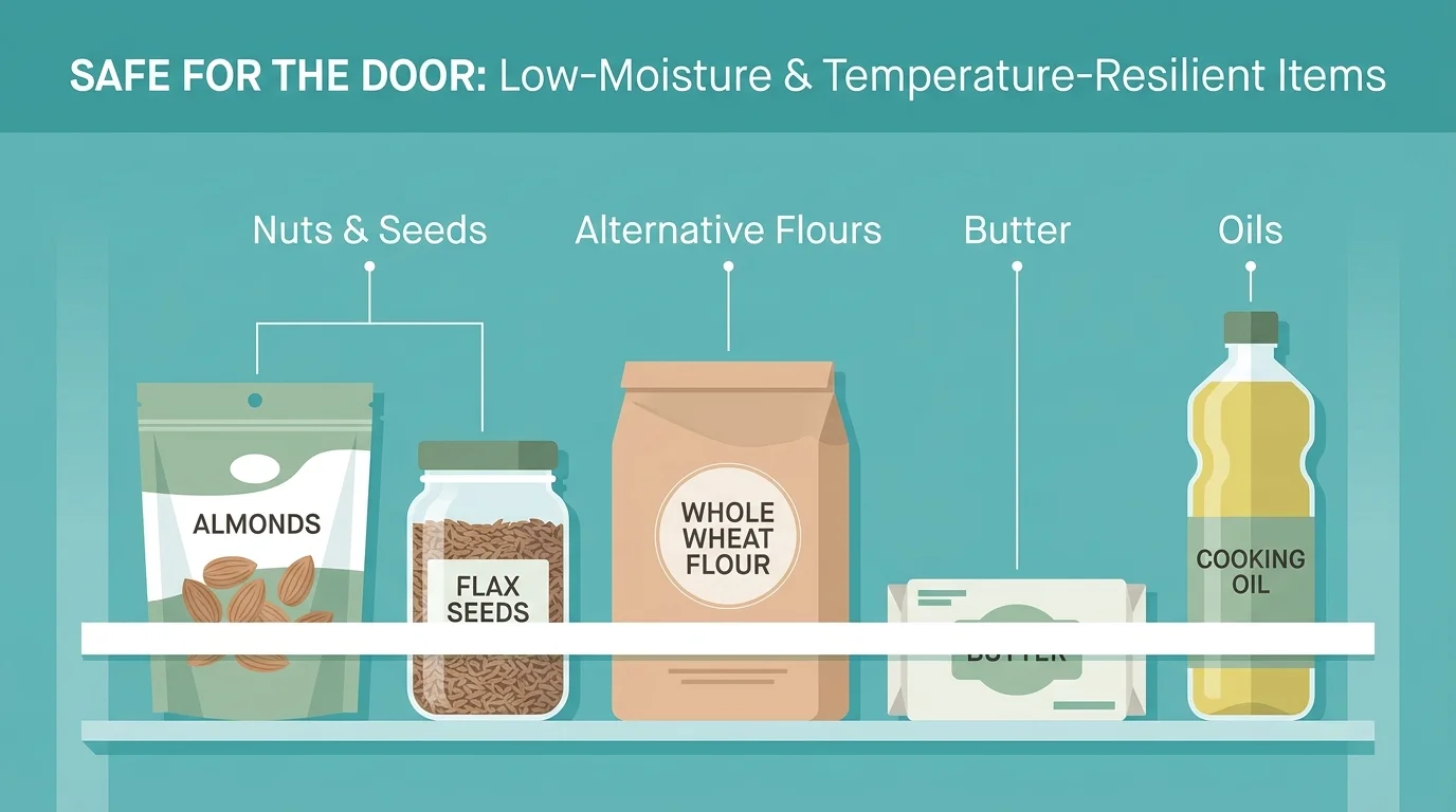 An infographic showing safe items for the freezer door, including nuts, seeds, butter, and flours.