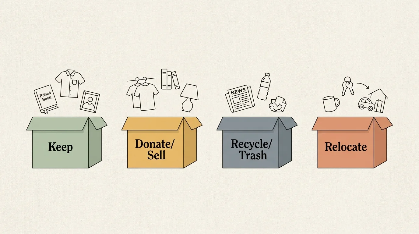 An infographic showing the four labeled boxes of the sorting method: Keep, Donate/Sell, Recycle/Trash, and Relocate.