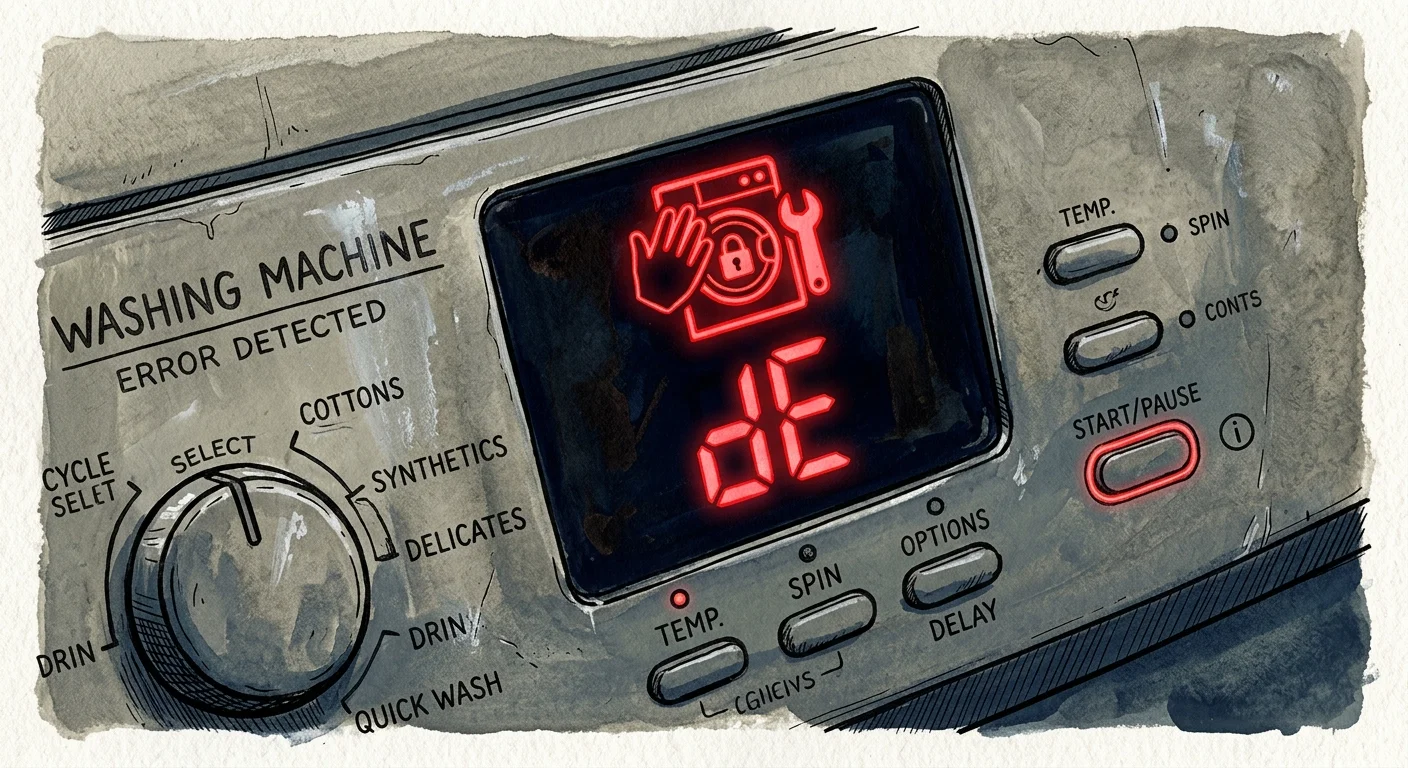 An ink and gouache drawing of a washing machine control panel displaying a glowing red 'dE' error code.