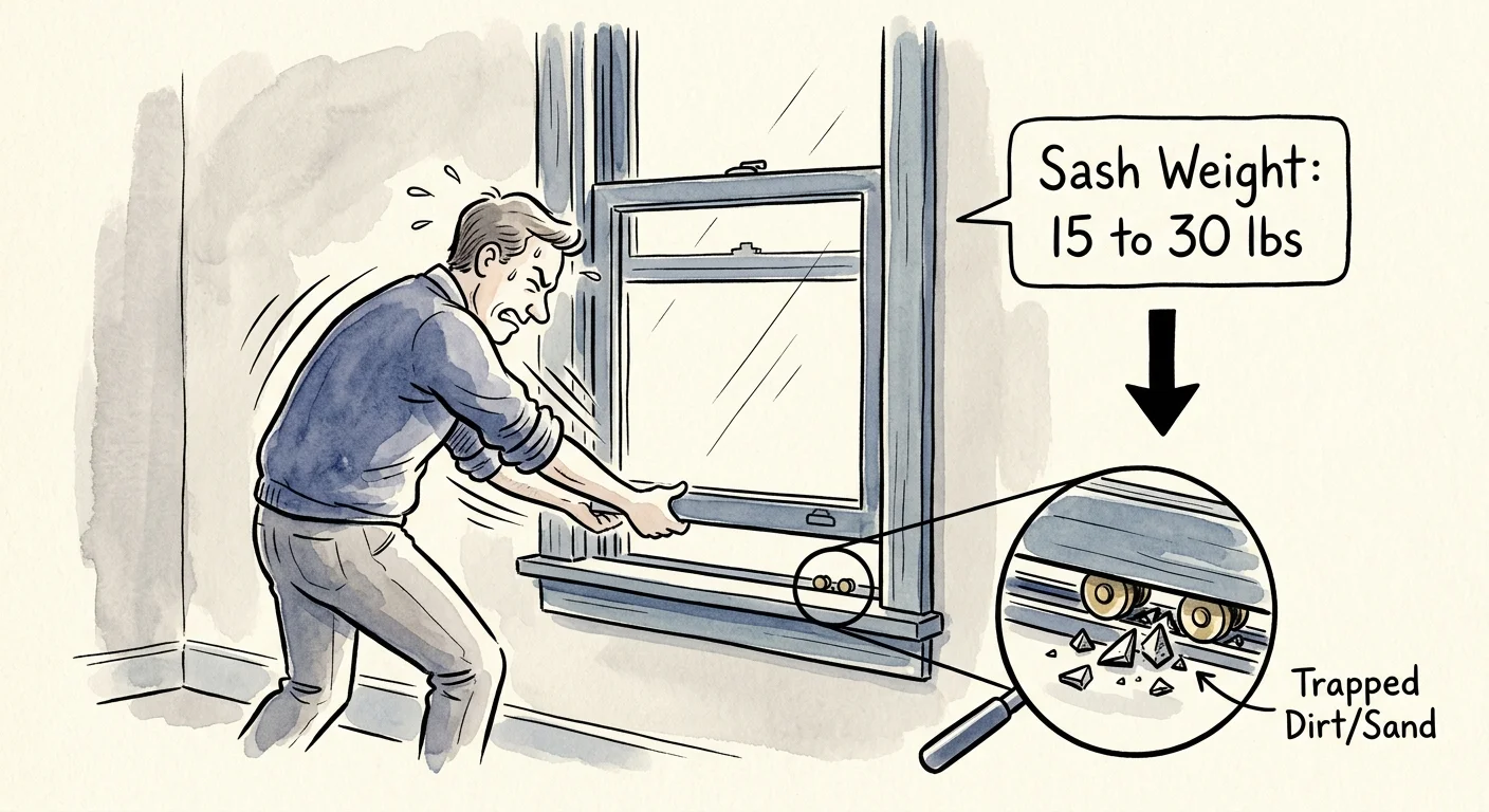 An ink and watercolor cartoon of a person struggling to open a stuck window, with a label indicating a sash weight of 15 to 30 pounds.