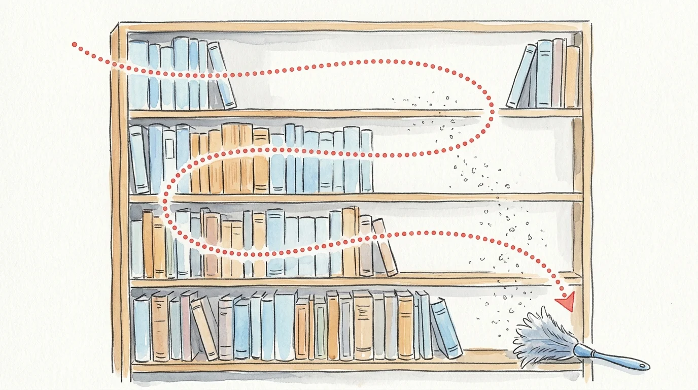 An ink and watercolor drawing of a bookshelf with a dotted arrow showing a top-to-bottom, left-to-right cleaning path.