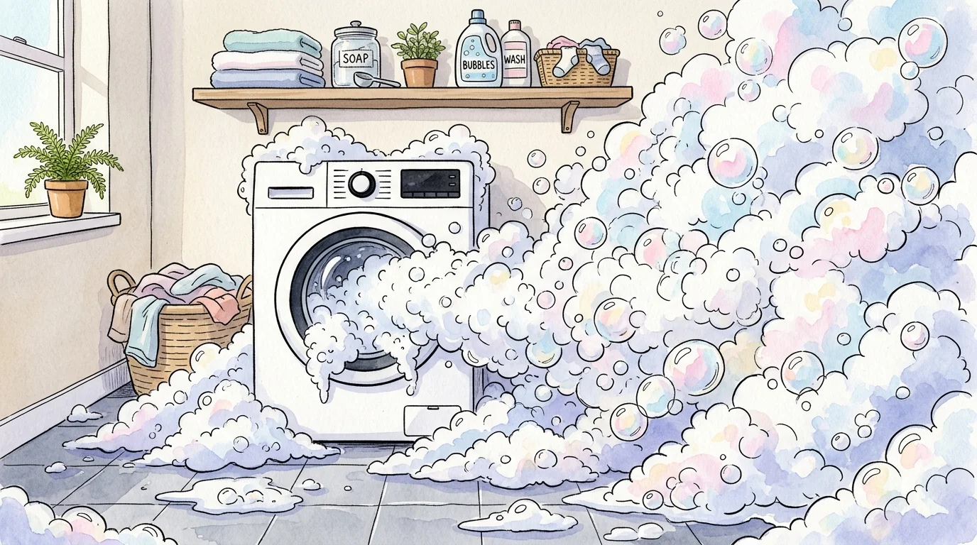 An ink and watercolor drawing of a front-loading washing machine overflowing with a massive, fluffy mountain of soap bubbles.