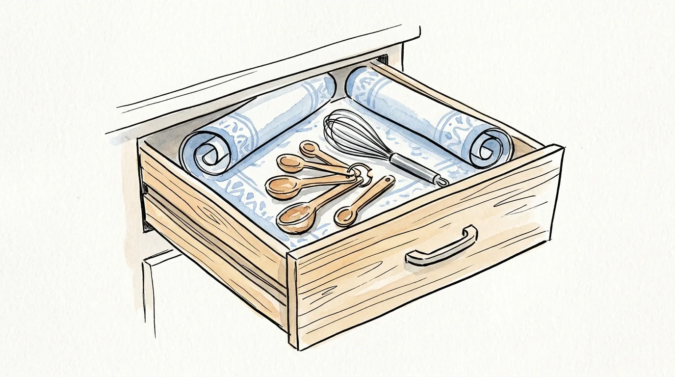 An ink and watercolor drawing of a kitchen drawer where the liner's curled corners cause kitchen tools to slide into a messy pile.