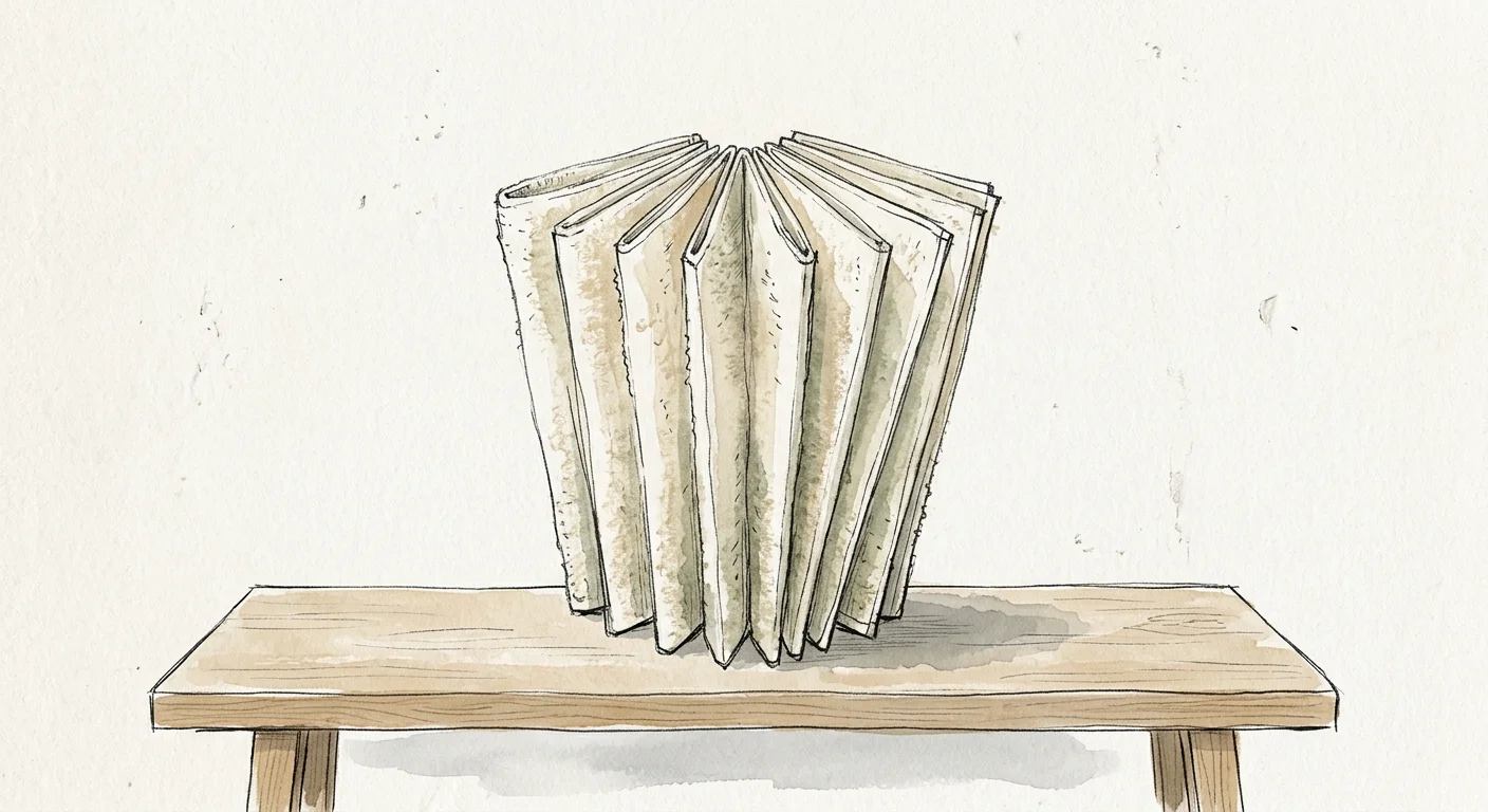 An ink and watercolor drawing of a single stiff cotton towel standing completely upright on a wooden bench, folded like a rigid column.