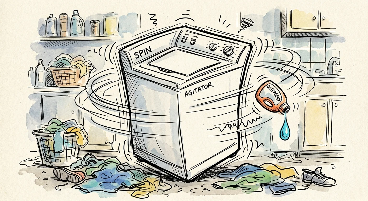 An ink and watercolor drawing of a washing machine vibrating wildly with motion lines, causing a detergent bottle to tip.
