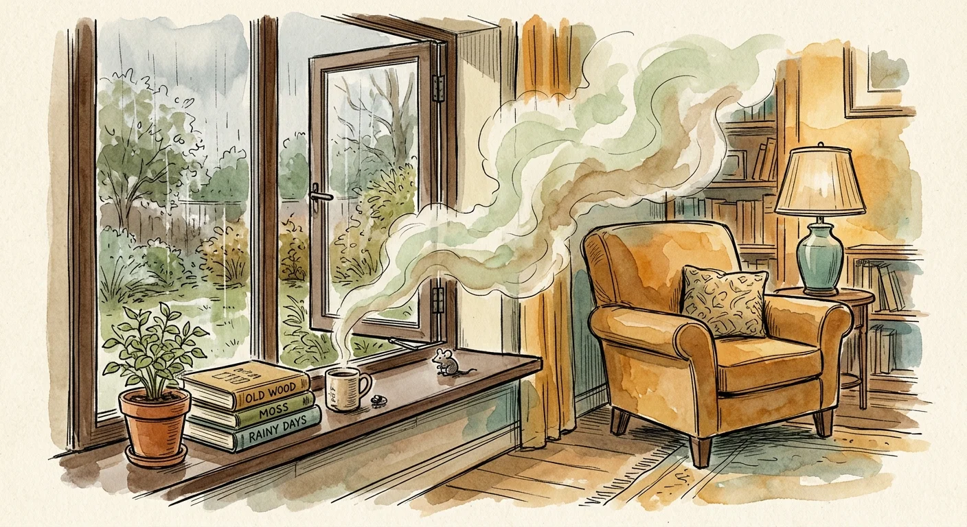 An ink and watercolor drawing of musty, colored vapors rising from an open window track into a cozy, stylized living room.