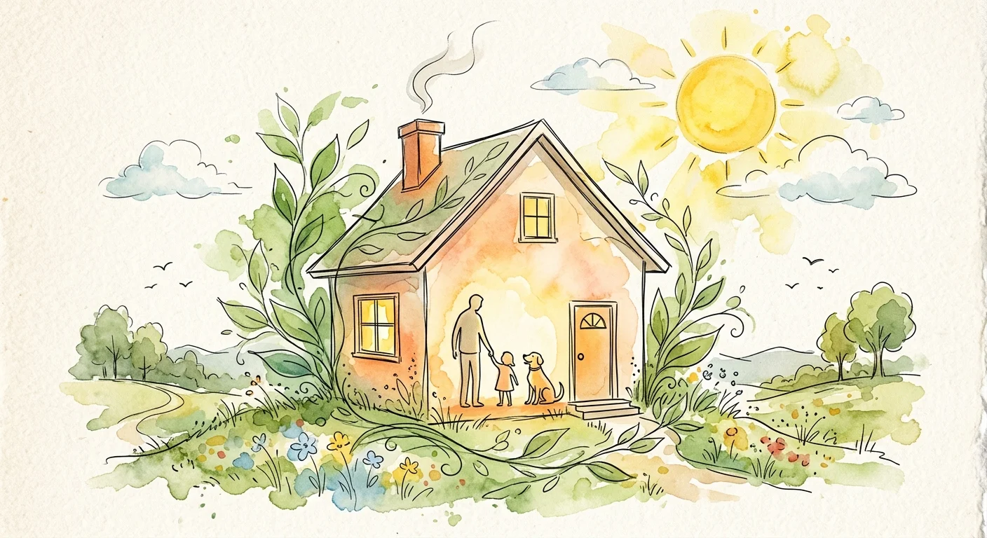 An ink and watercolor illustration of a cozy house containing a family and dog, surrounded by green leaves and a warm sun.