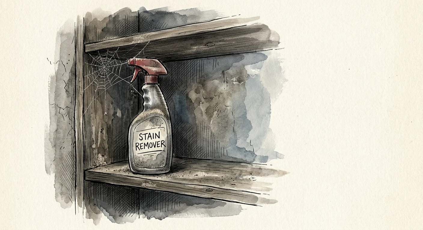 An ink and watercolor illustration of a dusty stain remover spray bottle sitting forgotten on a high, dark shelf.