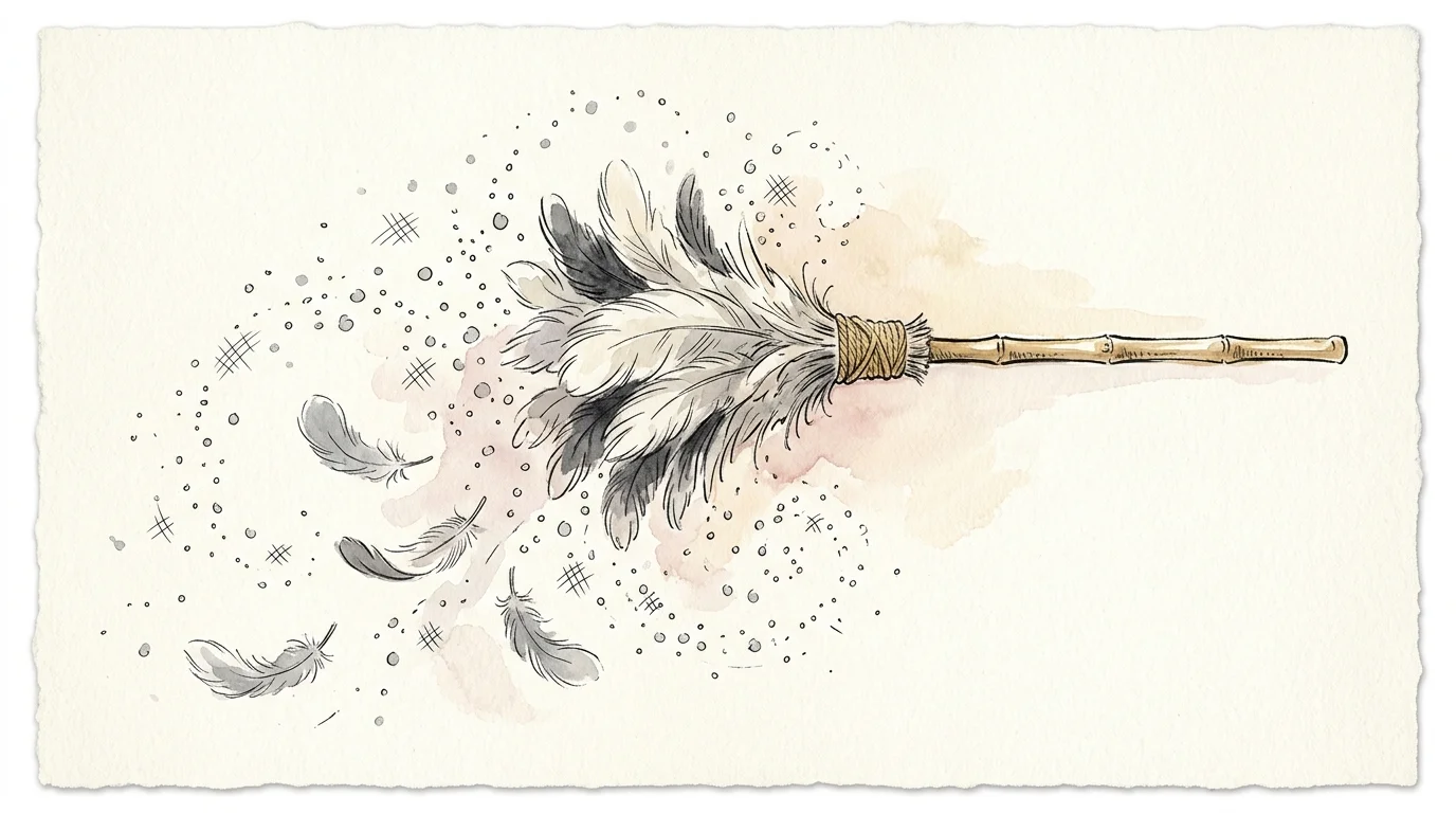 An ink and watercolor illustration of a feather duster shedding gray feathers and releasing a cloud of dust particles.