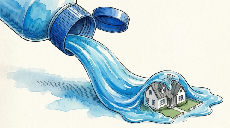 An ink and watercolor illustration of a giant blue bottle cap pouring a massive wave of liquid soap over a tiny model house.