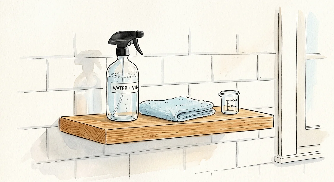 An ink and watercolor illustration of a minimalist wooden shelf holding a glass water bottle, a folded blue cloth, and a measuring beaker.