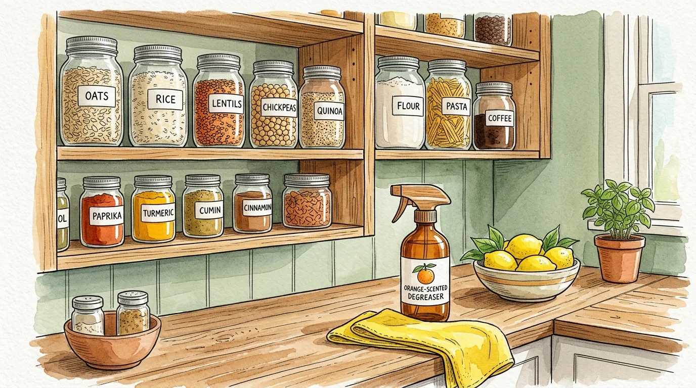 An ink and watercolor illustration of a perfectly organized pantry with glass jars and natural cleaning spray on the counter.