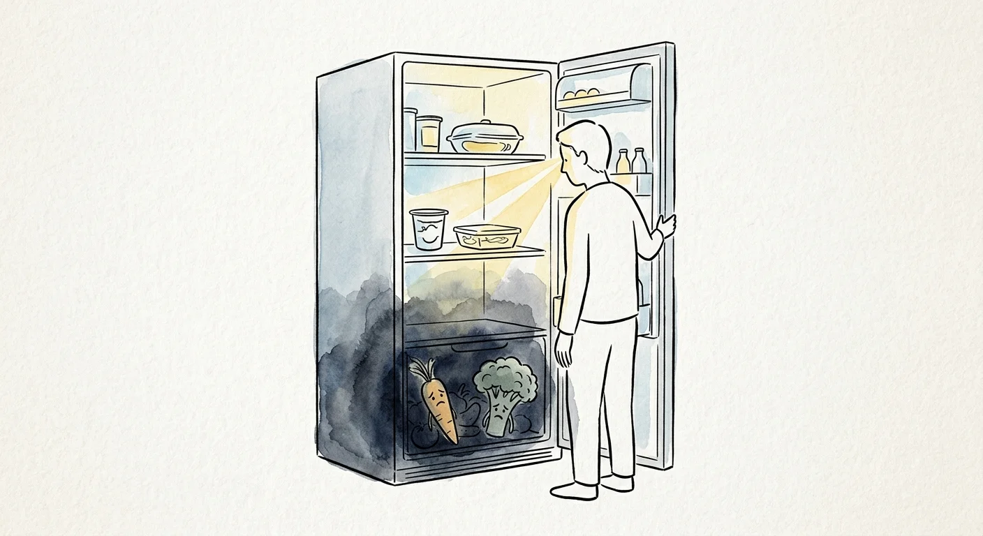 An ink and watercolor illustration of a person looking at bright upper fridge shelves while the bottom drawer is in deep shadow.