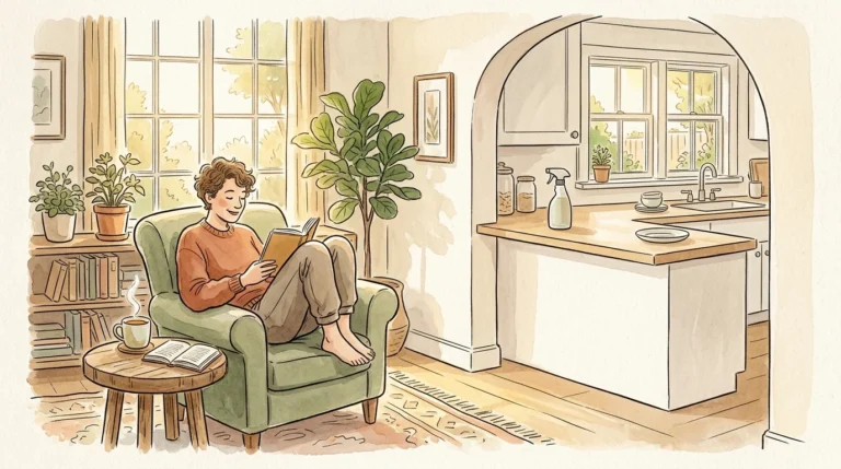 An ink and watercolor illustration of a person relaxing in a cozy armchair with a book, representing a clean, stress-free home.
