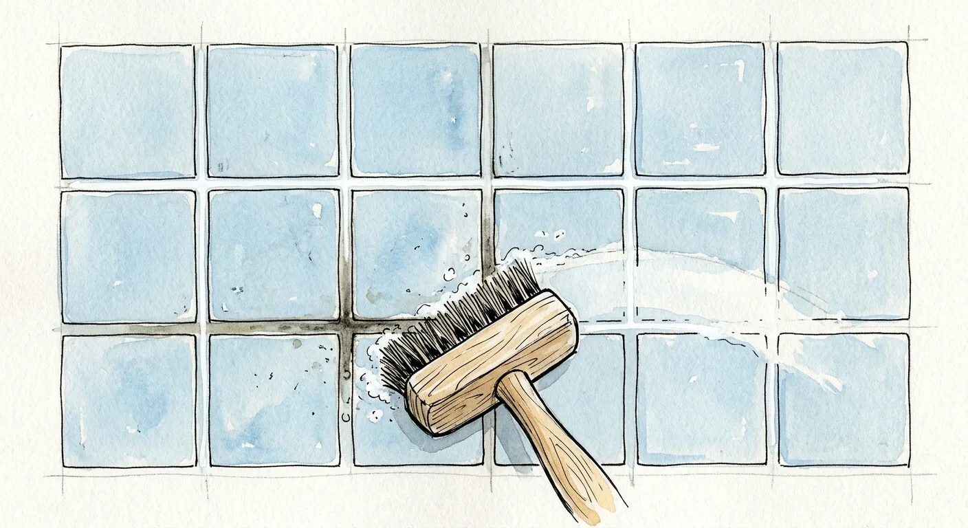 An ink and watercolor illustration of a tile grid with clean white grout lines and a small scrubbing brush.