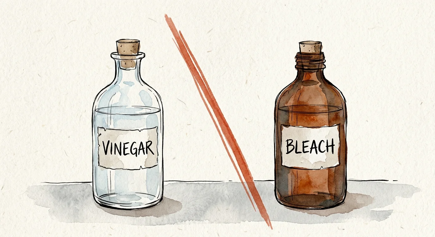 An ink and watercolor illustration of a vinegar bottle and a bleach bottle separated by a bold diagonal red warning line.