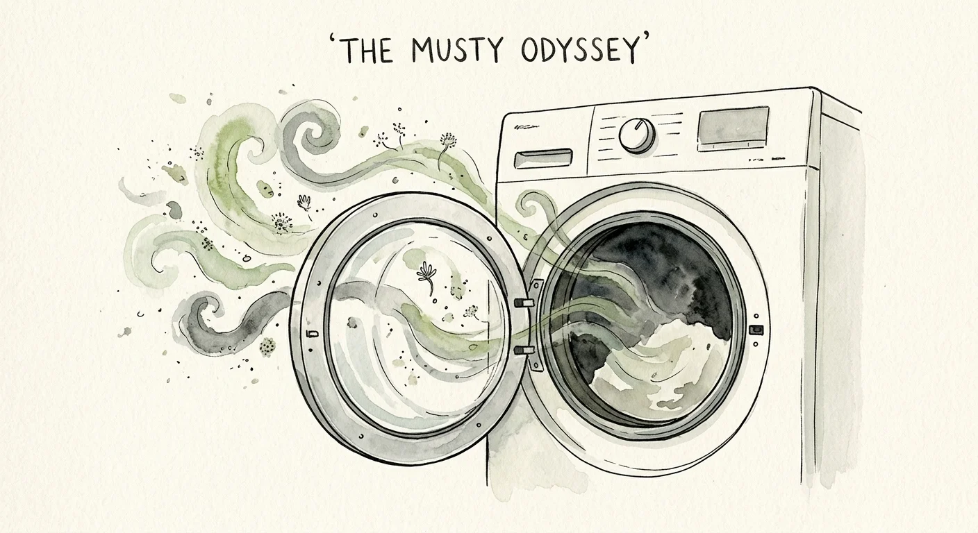 An ink and watercolor illustration of a washing machine door open with abstract green swirls drifting out.