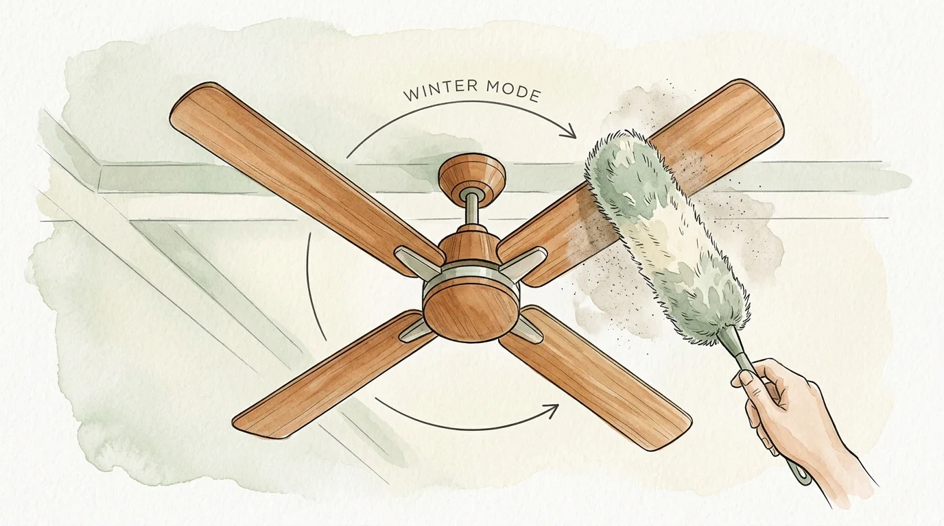 An ink and watercolor illustration of a wooden ceiling fan being cleaned, with an arrow indicating clockwise rotation.
