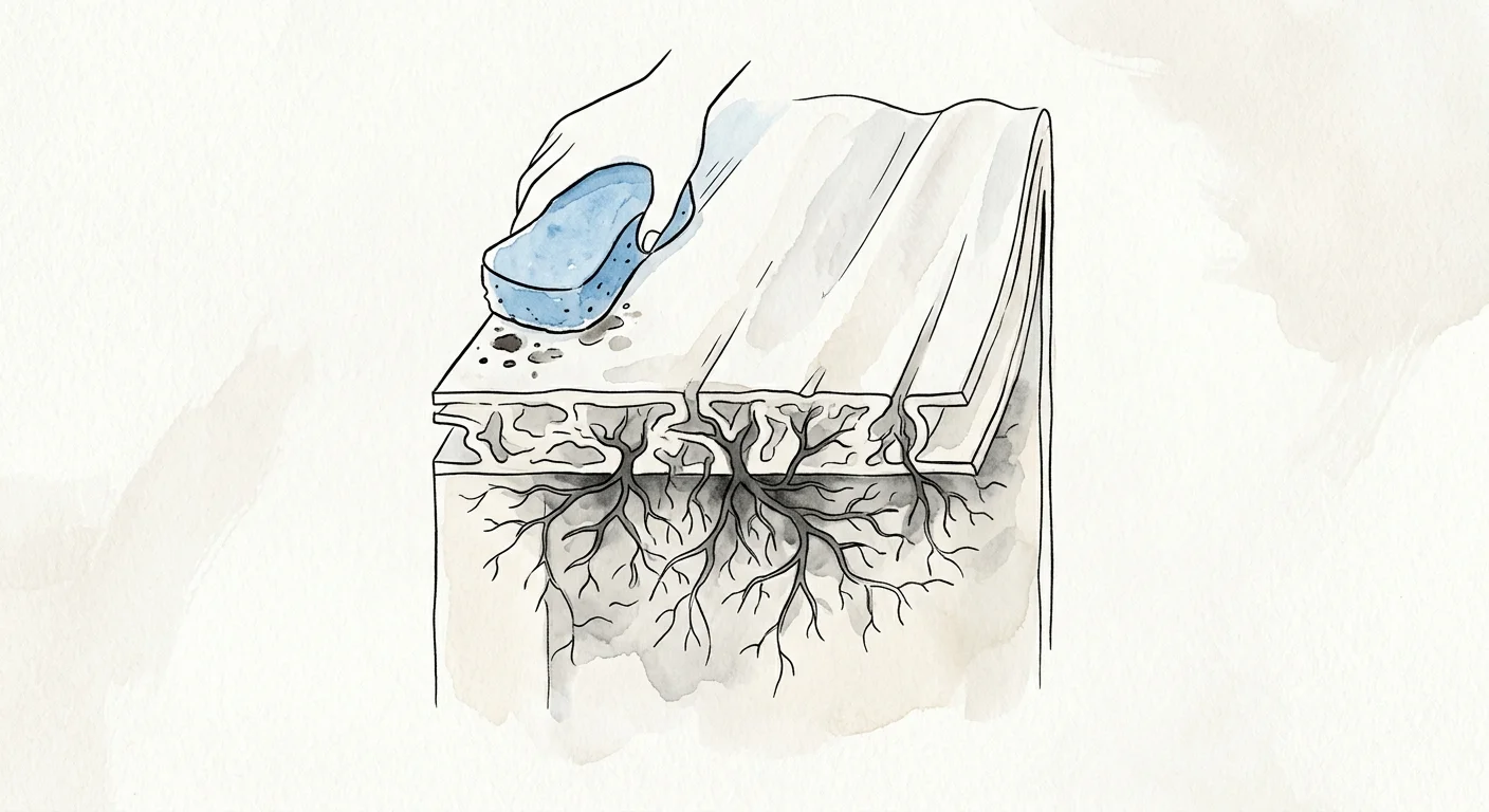 An ink and watercolor illustration showing a cross-section of a plastic liner with mold roots growing deep inside, out of reach of a sponge.