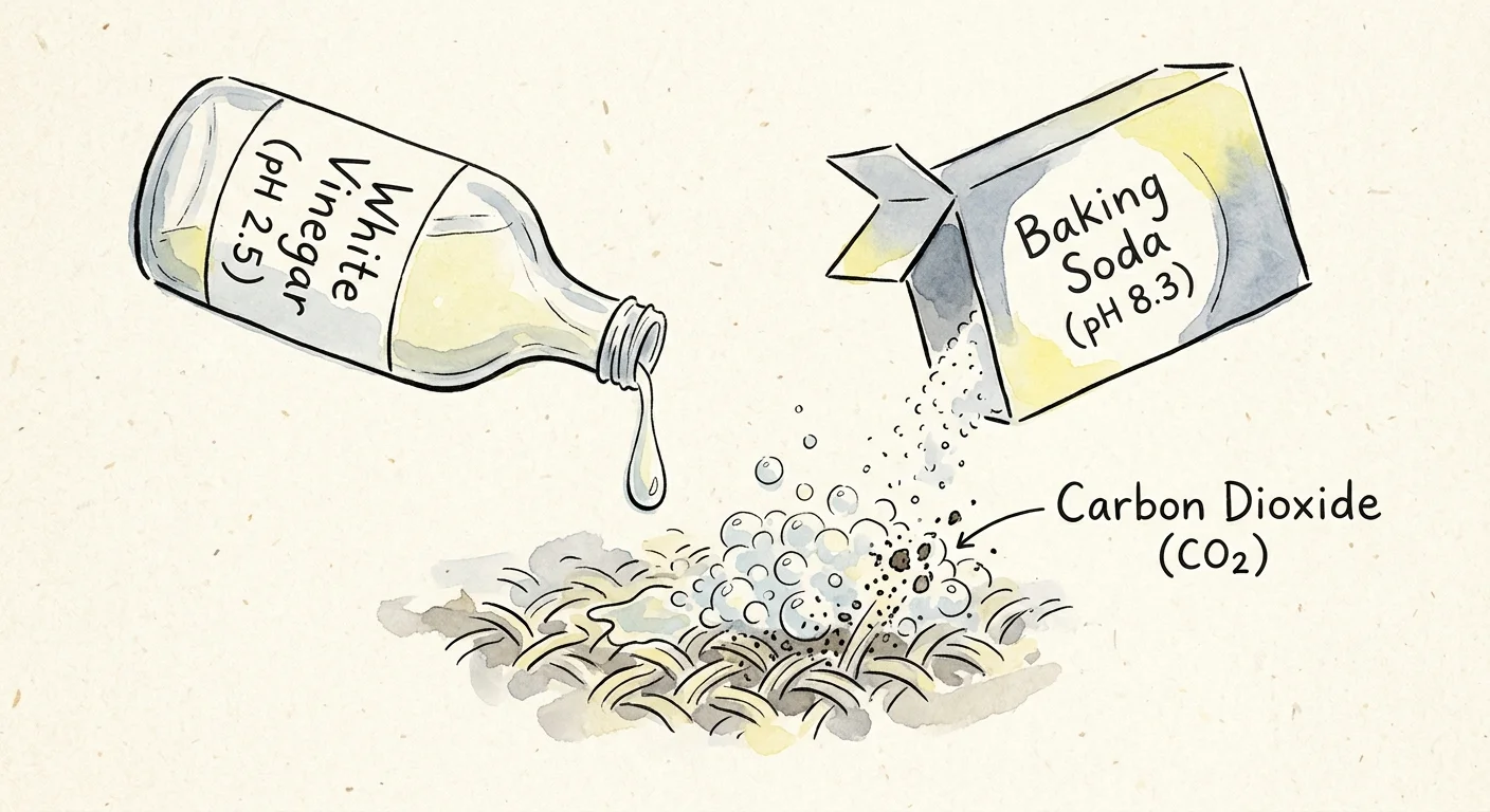 An ink and watercolor illustration showing the chemical reaction between vinegar and baking soda lifting dirt from carpet fibers.