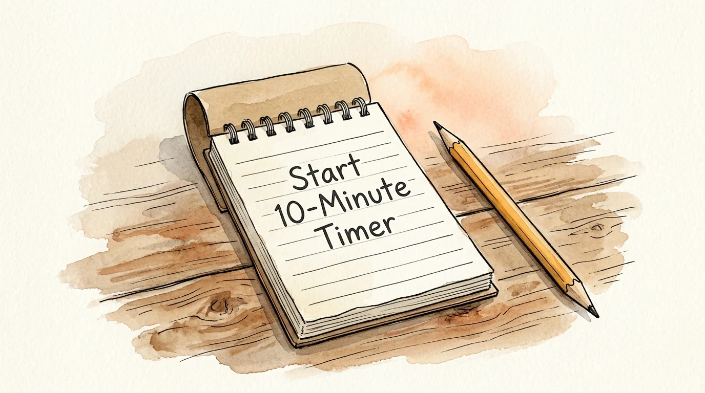 An ink and watercolor sketch of a notepad on a wooden table with the written message 'Start 10-Minute Timer'.