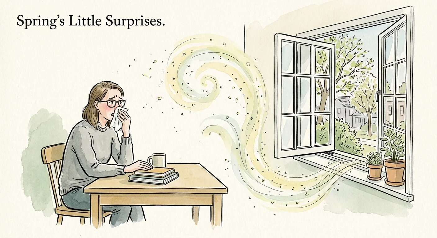 An ink and watercolor sketch of a person sneezing near an open window as yellow pollen particles drift up from the track.
