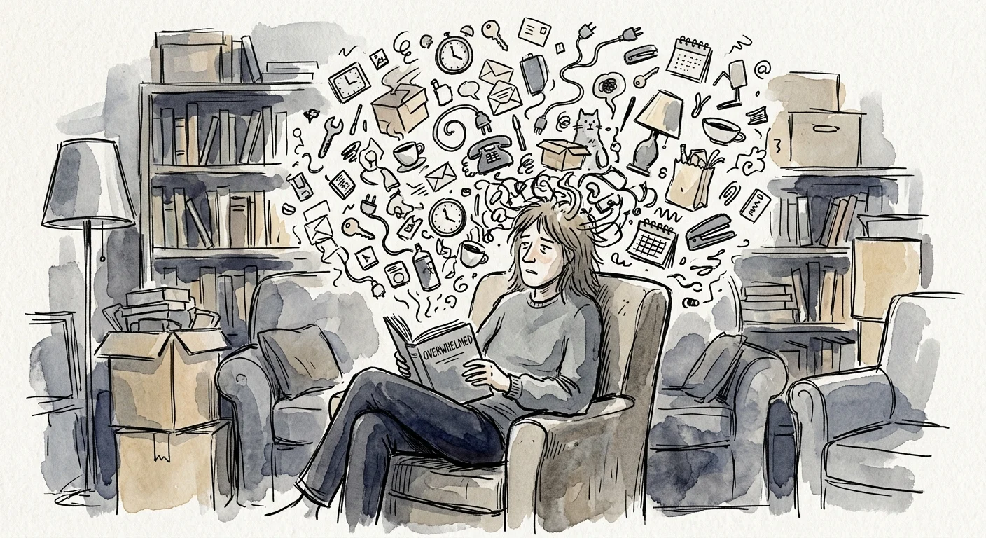An ink illustration of a person on a chair surrounded by a cloud of floating household items representing mental clutter.