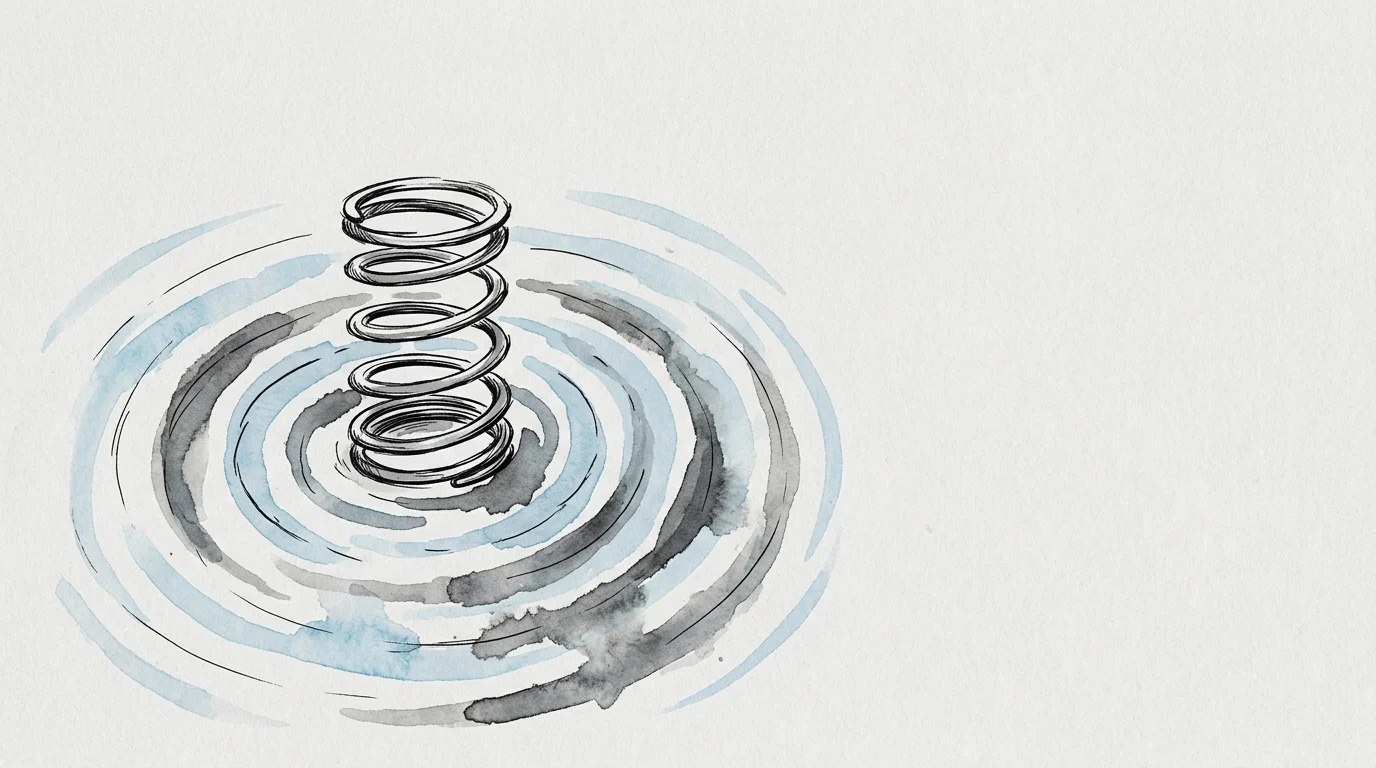 An ink sketch of an internal bed spring with blue watercolor ripples radiating outwards to represent sound waves.