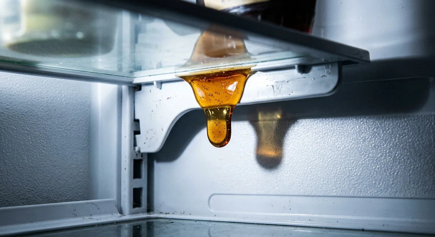 An iPhone photo showing a sticky amber drip of syrup crystallized on a white plastic shelf bracket inside a refrigerator.