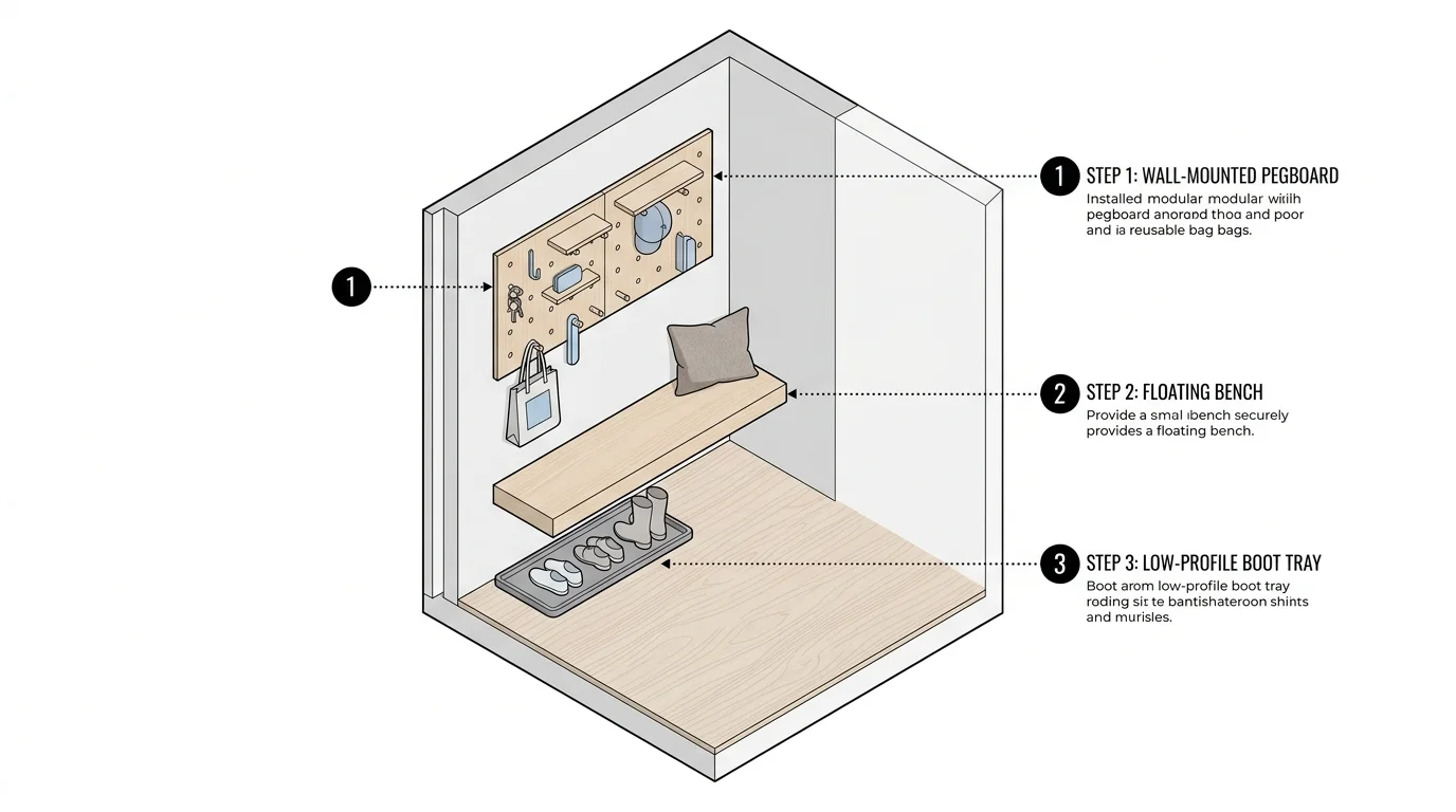An isometric architectural diagram showing a step-by-step layout for a micro-mudroom with a pegboard, floating bench, and boot tray.