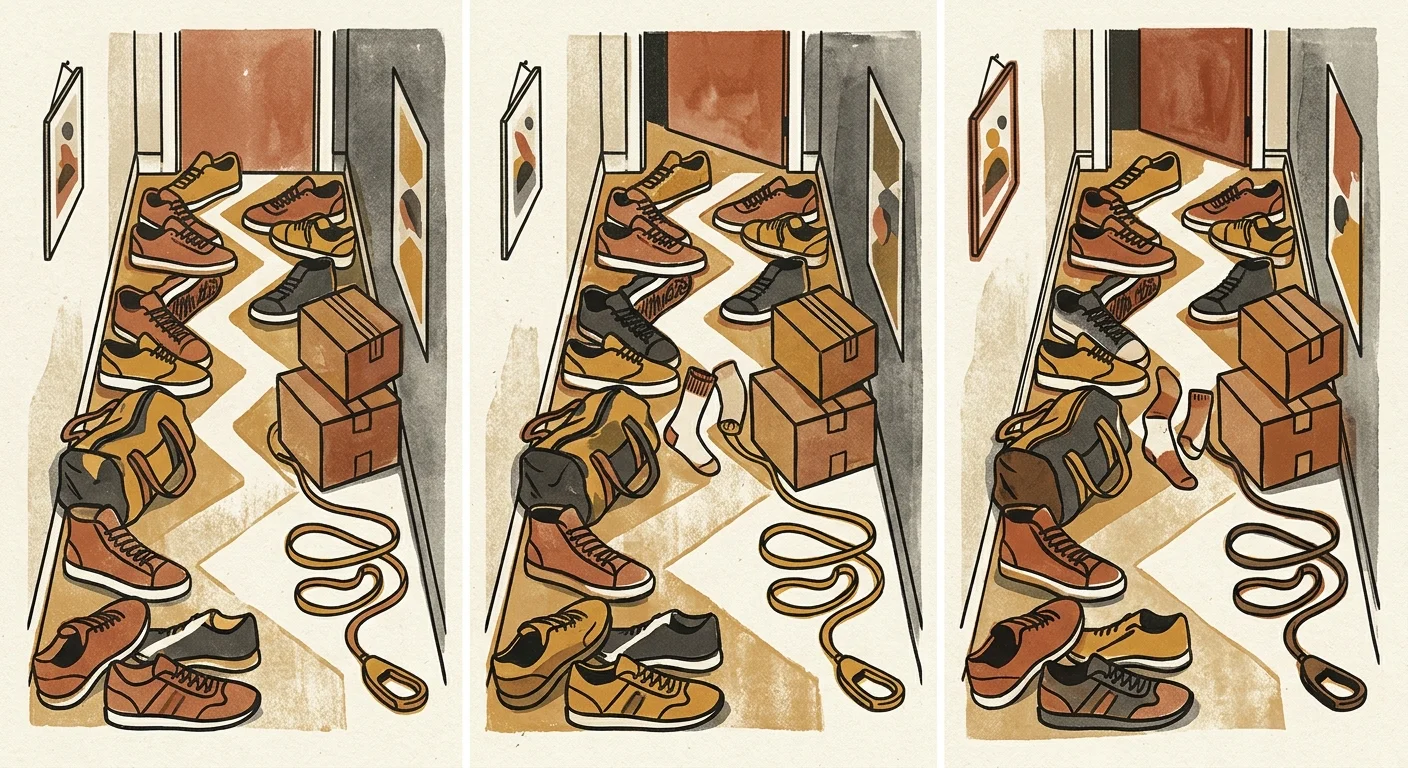 An isometric graphic illustration of a narrow hallway cluttered with shoes and boxes, forming a difficult zigzag path.