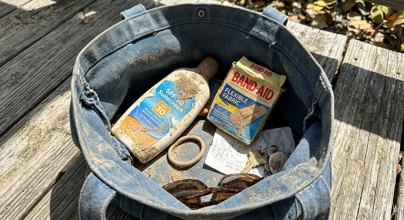An old, sand-dusted sunscreen bottle in a canvas beach bag, photographed in natural bright daylight.