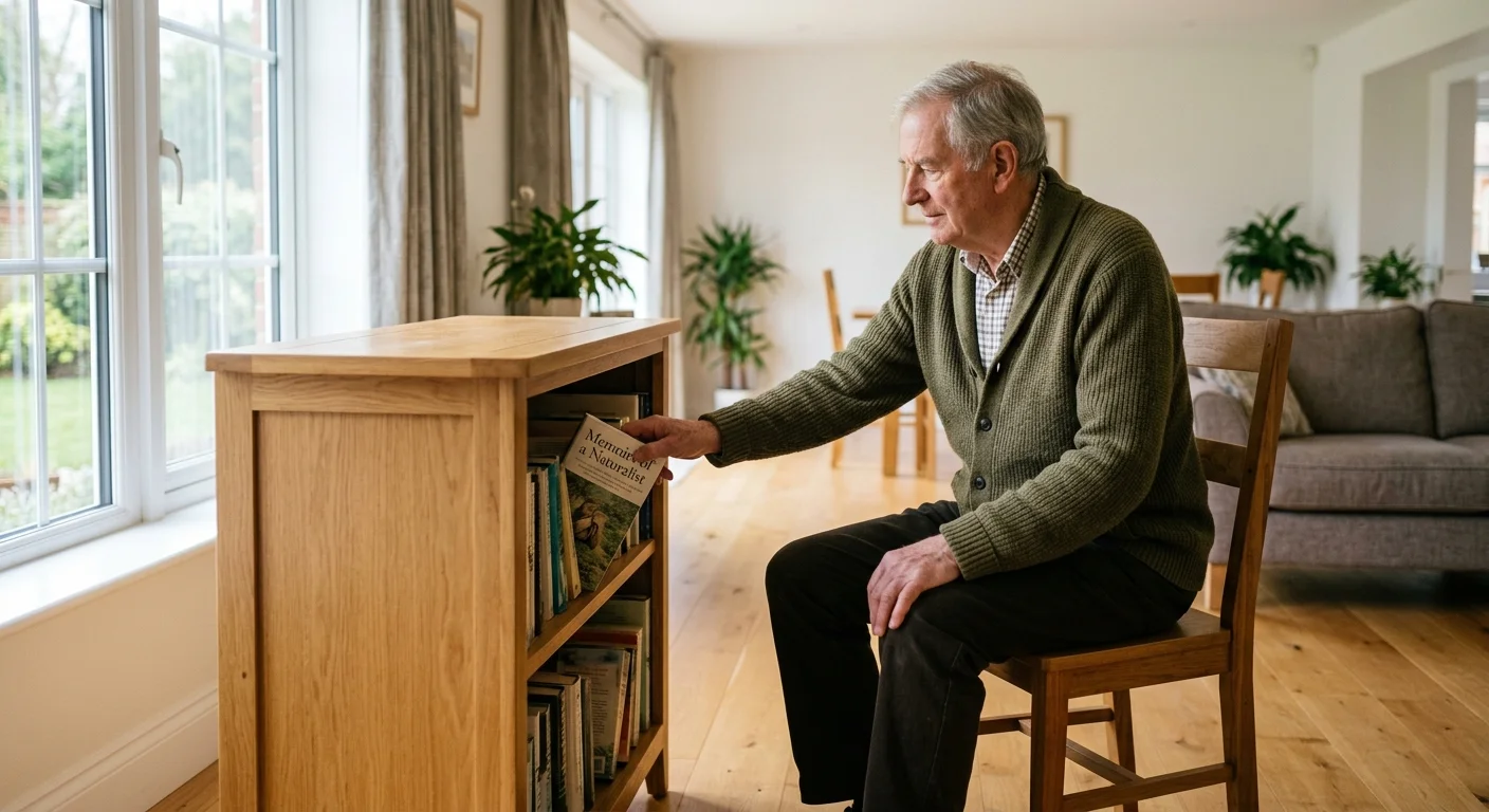 An older man comfortably seated in a bright living room, organizing books on an easy-to-reach shelf with clear walkways around him.