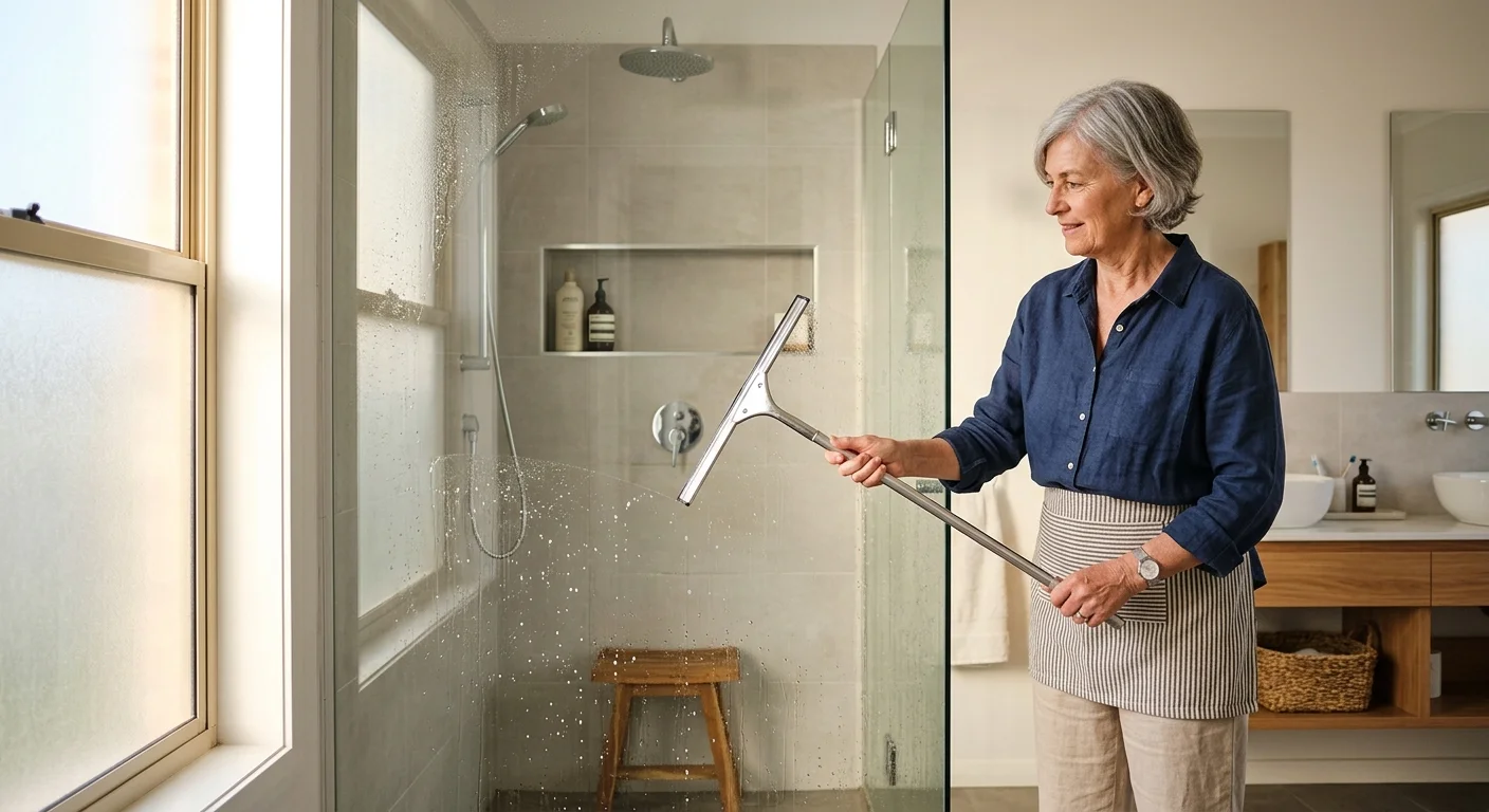An older woman using a long-handled squeegee to clean a glass shower partition with ease.