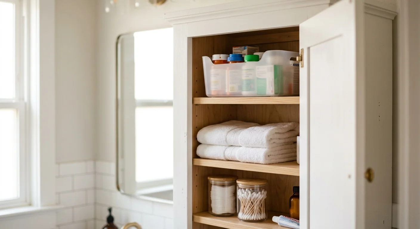 An open bathroom cabinet showing safe storage with medicine bottles on the top shelf and soft towels on lower shelves.