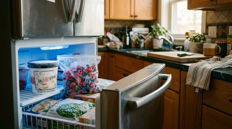 An open freezer door in a warm kitchen, showing frosted food containers on the door shelves.