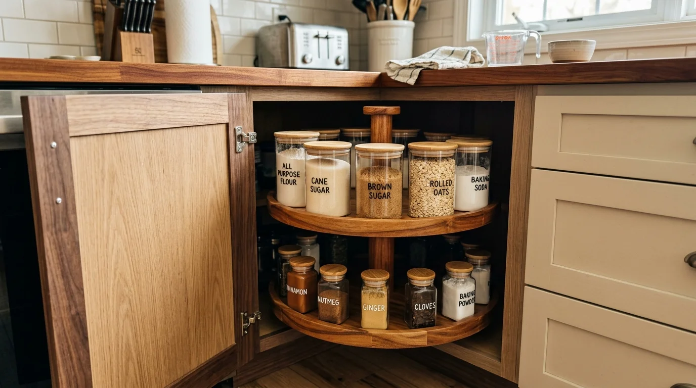 An open kitchen corner cabinet showing a lazy-susan organizer filled with dry ingredients in glass jars.
