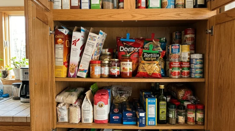 An open kitchen pantry cabinet with cluttered wooden shelves filled with mismatched jars, open boxes, and stacked cans under warm morning li
