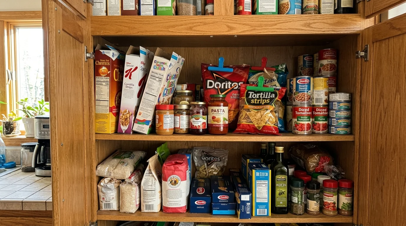 An open kitchen pantry cabinet with cluttered wooden shelves filled with mismatched jars, open boxes, and stacked cans under warm morning li