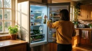 An open, realistically stocked family refrigerator with warm afternoon sunlight mixing with its cool interior LED light.